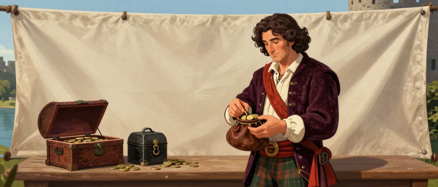 A purse of coins beside a chest for Hustle Casino withdrawals