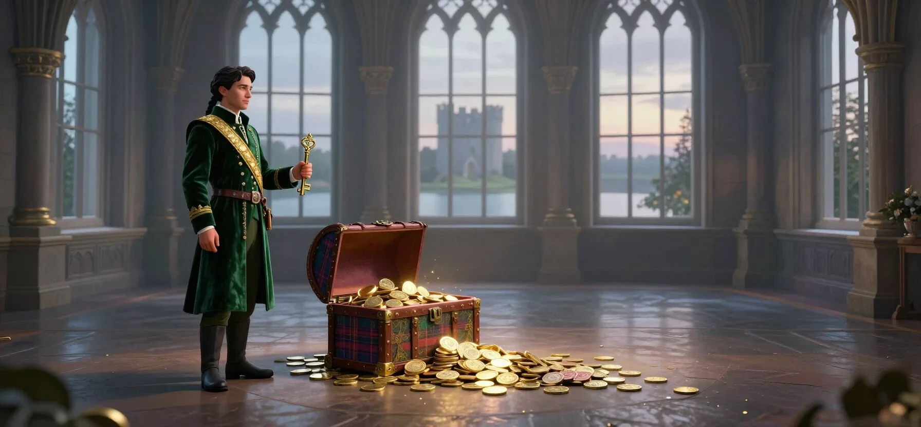 Hustle Casino VIP rewards beside a treasure chest and glowing coins